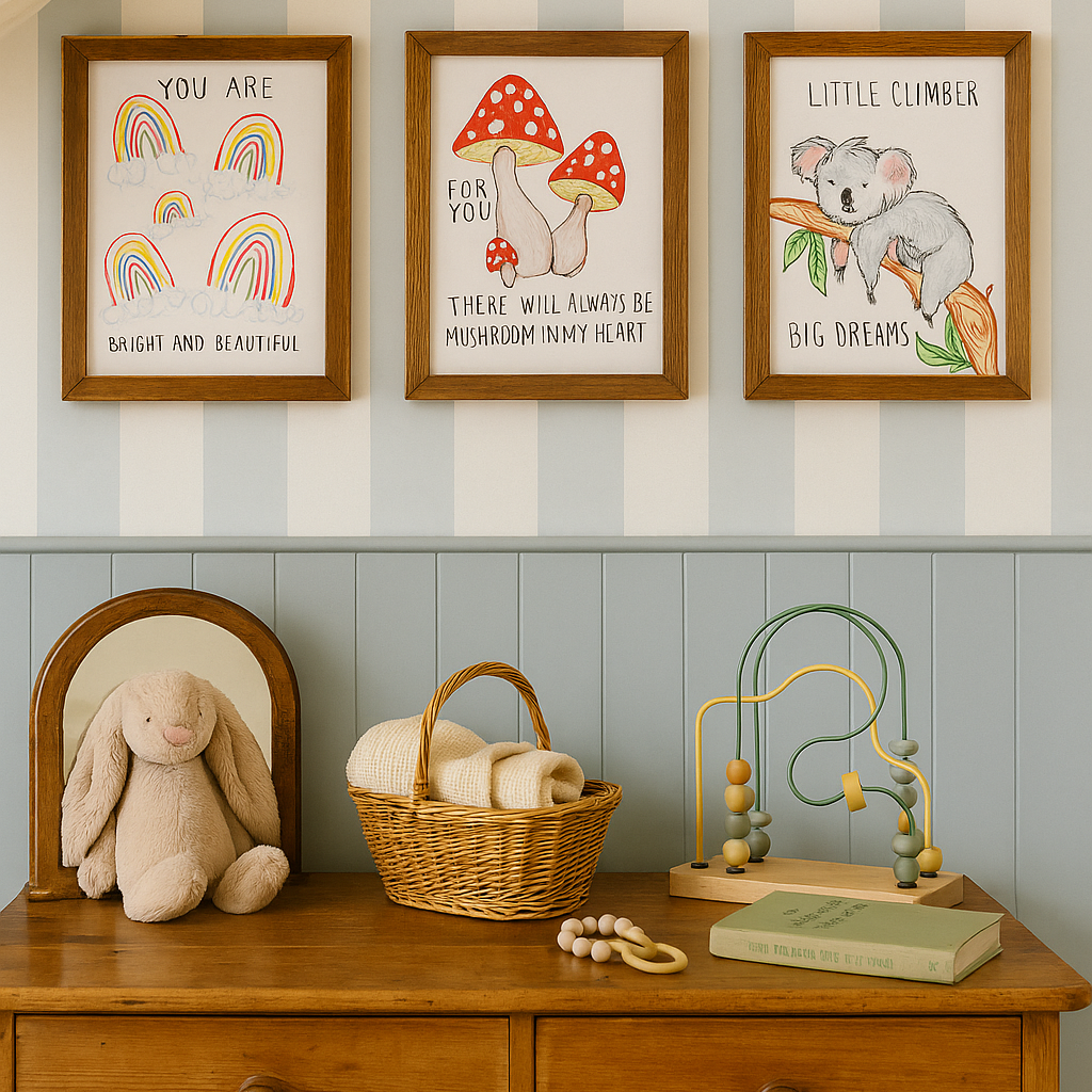 Wooden dresser with framed Alma Singer x Earthling prints and toys against a blue striped wall.