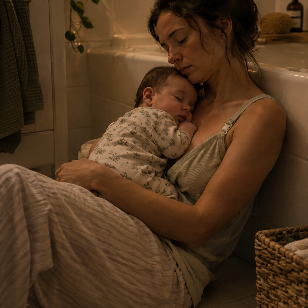 A mum sitting on the bathroom floor with a baby 