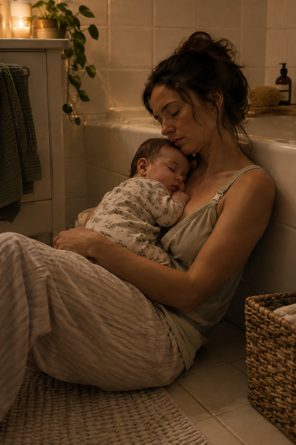 A mum sitting on the bathroom floor with a baby 