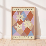Smiling stars on lilac and terracotta diamond shapes unisex kids wall art to encourage confidence, self-esteem and positivity. Inspirational kids poster with affirmation "celebrate your magic" for bedrooms, home-ed classrooms or playrooms.