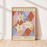 Smiling stars on lilac and terracotta diamond shapes unisex kids wall art to encourage confidence, self-esteem and positivity. Inspirational kids poster with affirmation "celebrate your magic" for bedrooms, home-ed classrooms or playrooms.