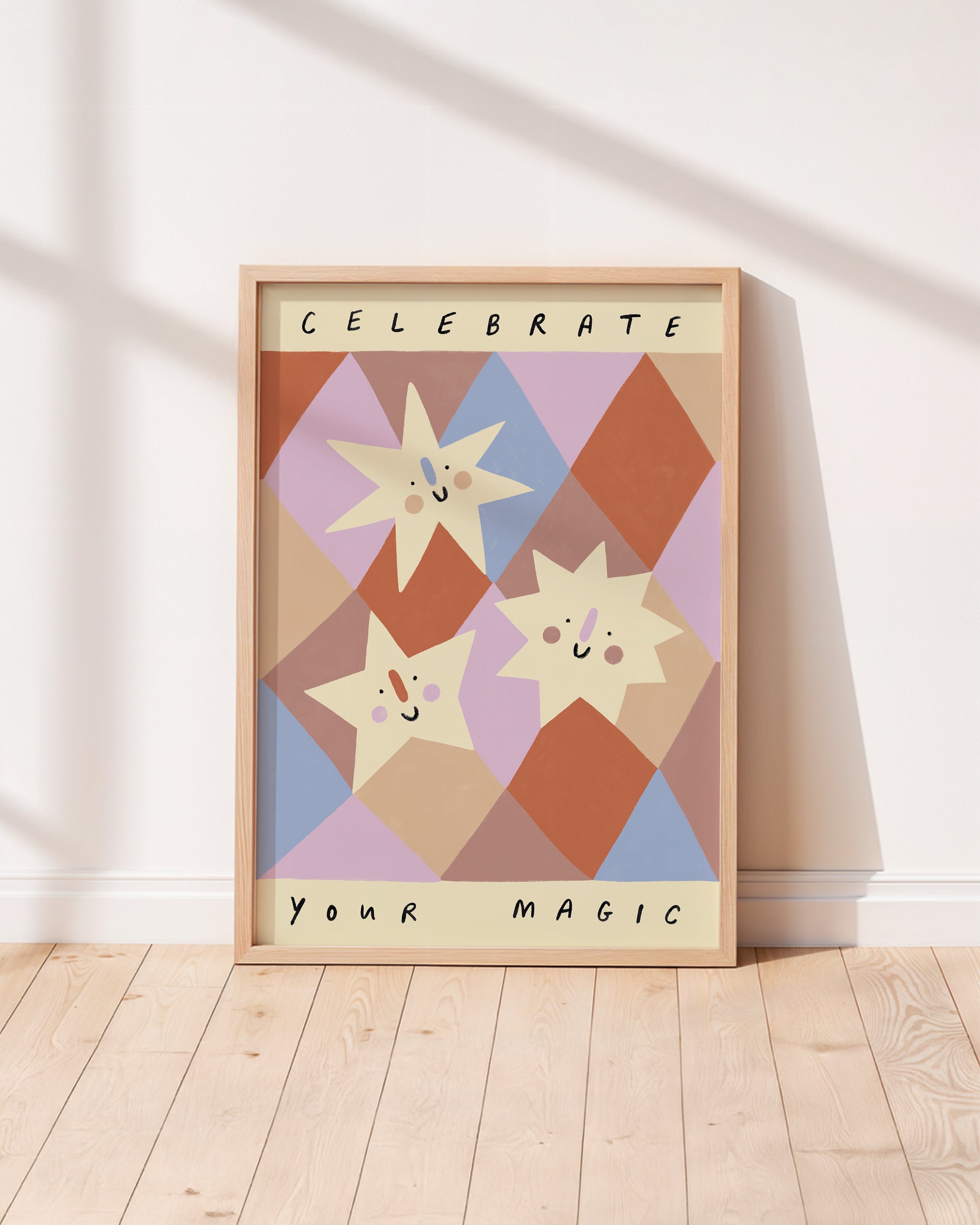 Smiling stars on lilac and terracotta diamond shapes unisex kids wall art to encourage confidence, self-esteem and positivity. Inspirational kids poster with affirmation "celebrate your magic" for bedrooms, home-ed classrooms or playrooms.