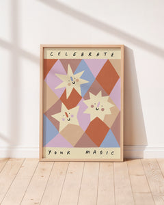 Smiling stars on lilac and terracotta diamond shapes unisex kids wall art to encourage confidence, self-esteem and positivity. Inspirational kids poster with affirmation "celebrate your magic" for bedrooms, home-ed classrooms or playrooms.
