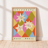 Smiling stars on pink, orange and blue diamond shapes unisex kids wall art to encourage confidence, self-esteem and positivity. Inspirational kids poster with affirmation "celebrate your magic" for bedrooms, home-ed classrooms or playrooms.