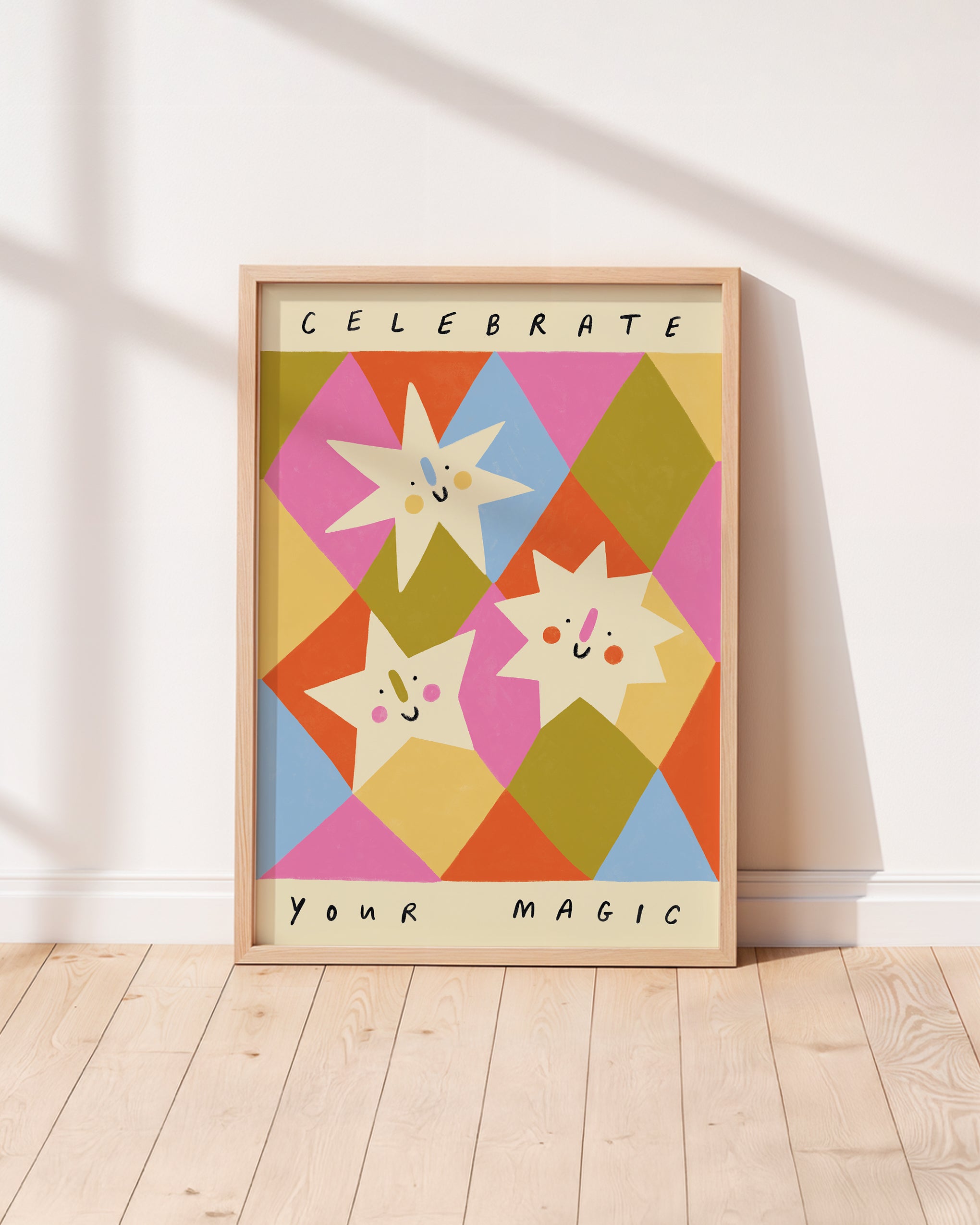Smiling stars on pink, orange and blue diamond shapes unisex kids wall art to encourage confidence, self-esteem and positivity. Inspirational kids poster with affirmation "celebrate your magic" for bedrooms, home-ed classrooms or playrooms.