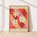Smiling stars on earthy coloured diamond shapes unisex kids wall art to encourage confidence, self-esteem and positivity. Inspirational kids poster with affirmation "celebrate your magic" for bedrooms, home-ed classrooms or playrooms.