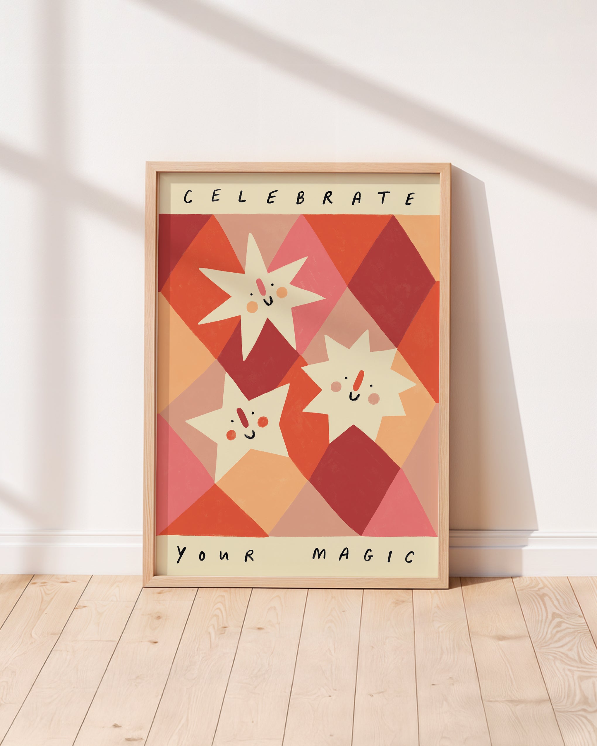 Smiling stars on earthy coloured diamond shapes unisex kids wall art to encourage confidence, self-esteem and positivity. Inspirational kids poster with affirmation "celebrate your magic" for bedrooms, home-ed classrooms or playrooms.