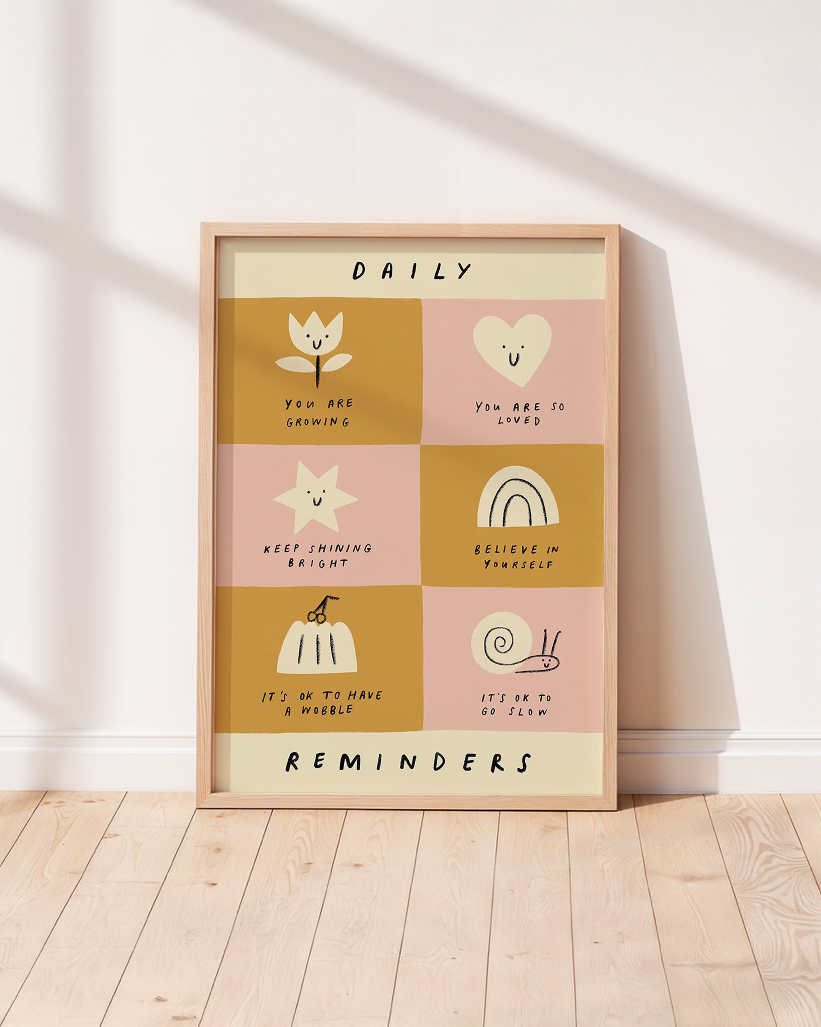 Smiling shapes with affirmations such as "you are so loved" unisex kids wall art to encourage confidence, self-esteem and positivity. Inspirational  pink and yellow kids poster for bedrooms, home-ed classrooms or playrooms.
