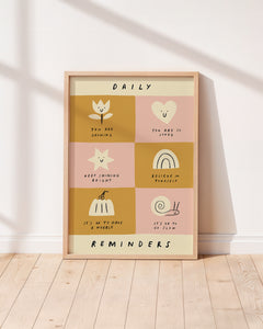 Smiling shapes with affirmations such as "you are so loved" unisex kids wall art to encourage confidence, self-esteem and positivity. Inspirational  pink and yellow kids poster for bedrooms, home-ed classrooms or playrooms.