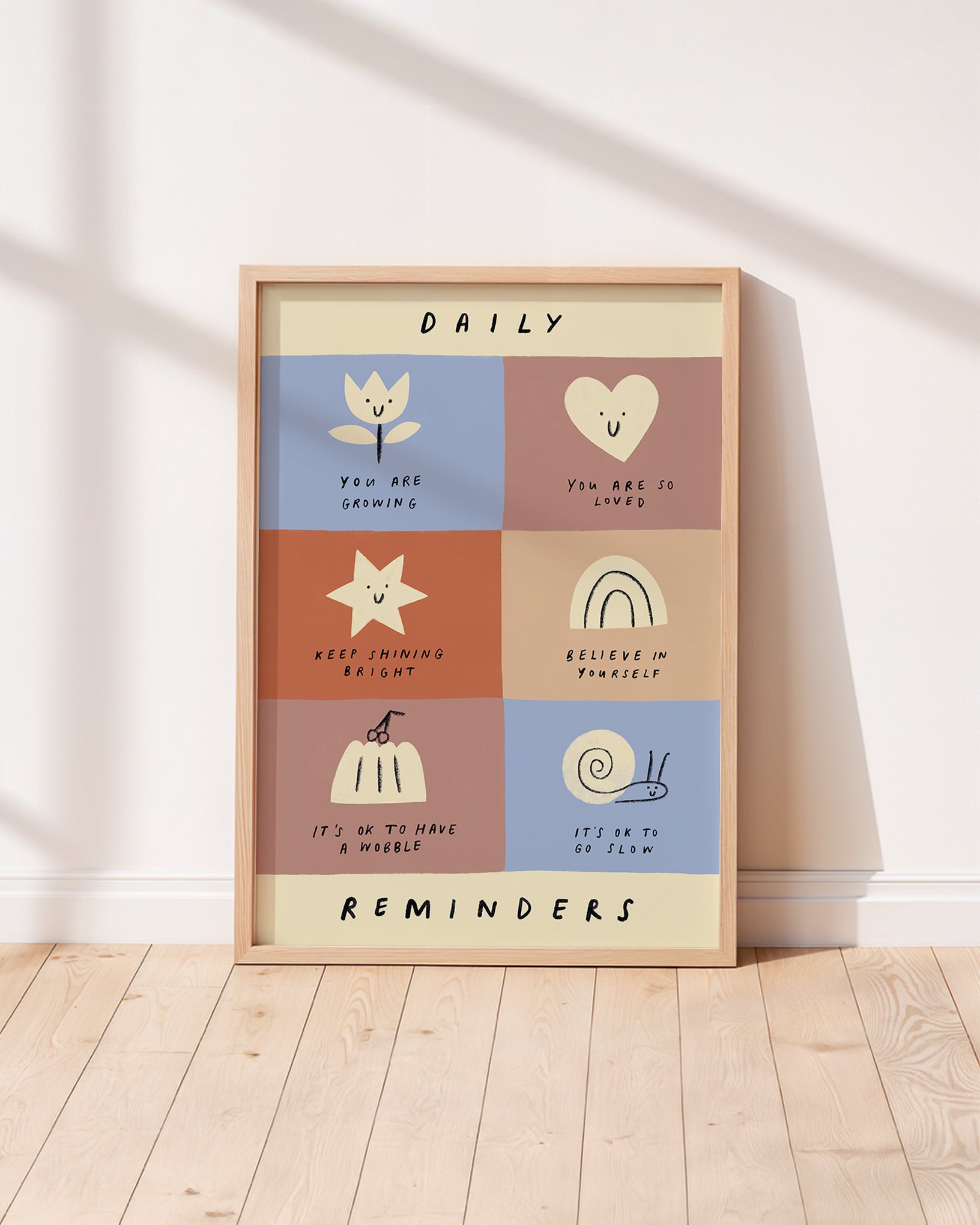 Smiling shapes with affirmations such as "you are so loved" unisex kids wall art to encourage confidence, self-esteem and positivity. Inspirational kids poster for bedrooms, home-ed classrooms or playrooms.