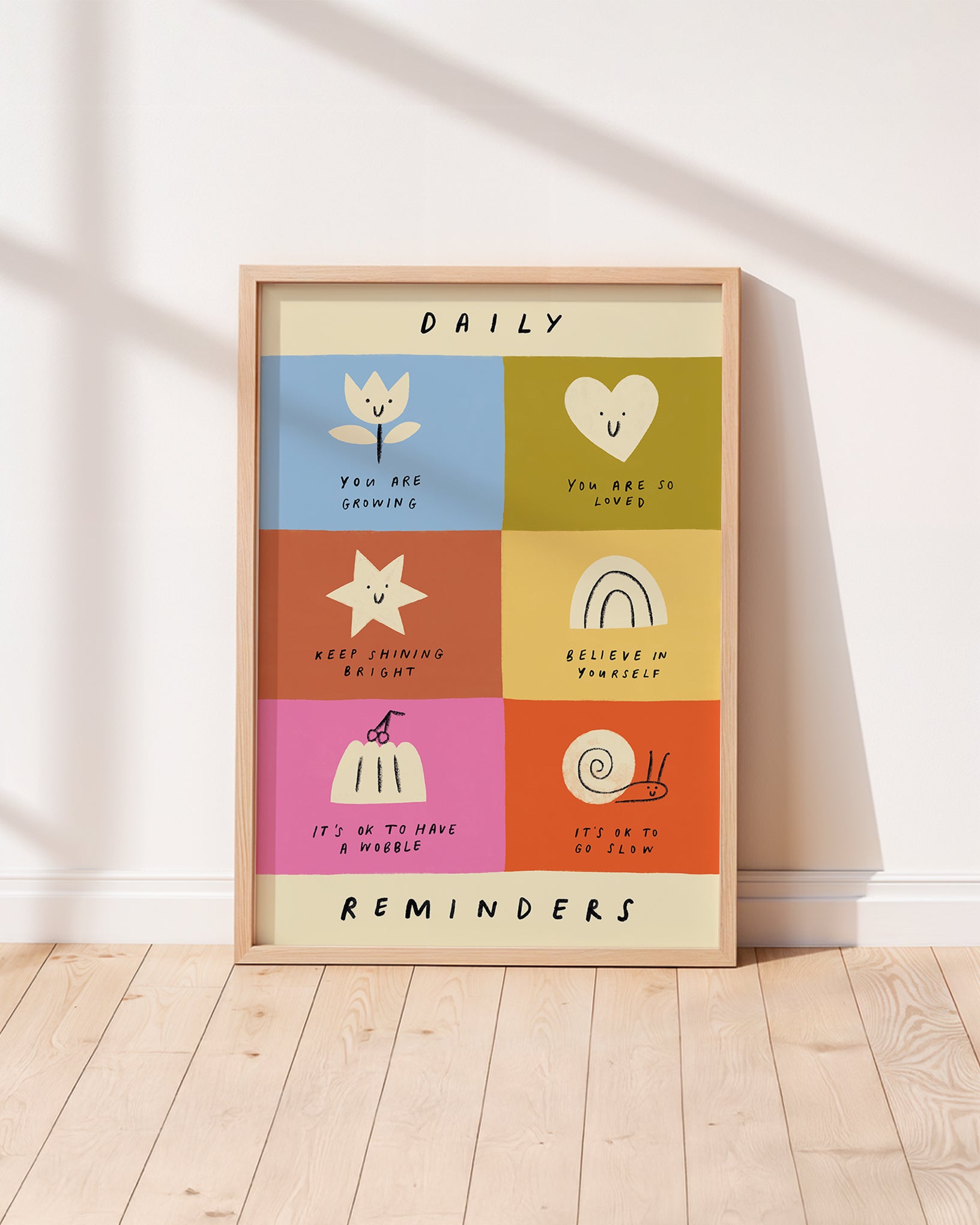 Smiling shapes with daily affirmations such as "you are so loved" unisex kids wall art to encourage confidence, self-esteem and positivity. Inspirational kids poster for bedrooms, home-ed classrooms or playrooms.