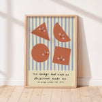 Smiling shapes blue stripes unisex kids poster to encourage confidence, self-esteem and positivity. Inspirational kids poster with affirmation for bedrooms, home-ed classrooms or playrooms