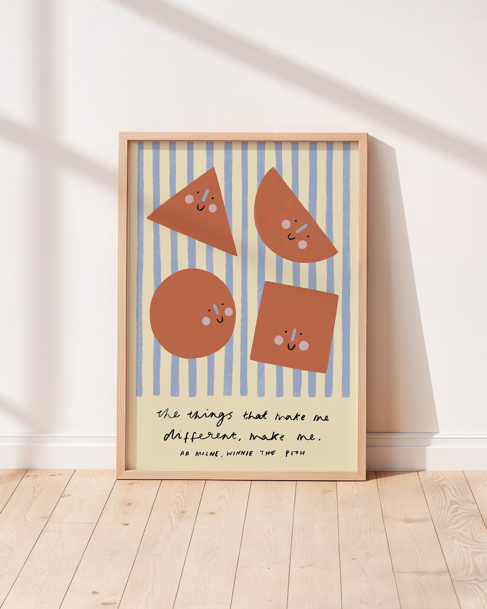 Smiling shapes blue stripes unisex kids poster to encourage confidence, self-esteem and positivity. Inspirational kids poster with affirmation for bedrooms, home-ed classrooms or playrooms