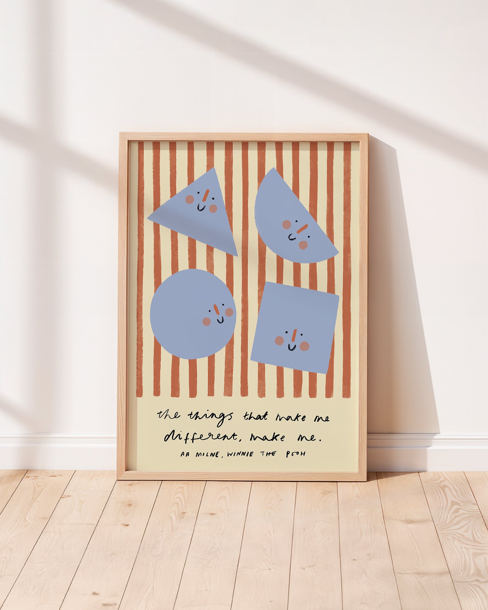 Smiling shapes orange and blue stripes unisex kids wall art to encourage confidence, self-esteem and positivity. Inspirational kids poster with affirmation for bedrooms, home-ed classrooms or playrooms