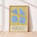 Smiling shapes green and blue stripes unisex kids wall art to encourage confidence, self-esteem and positivity. Inspirational kids poster with affirmation for bedrooms, home-ed classrooms or playrooms