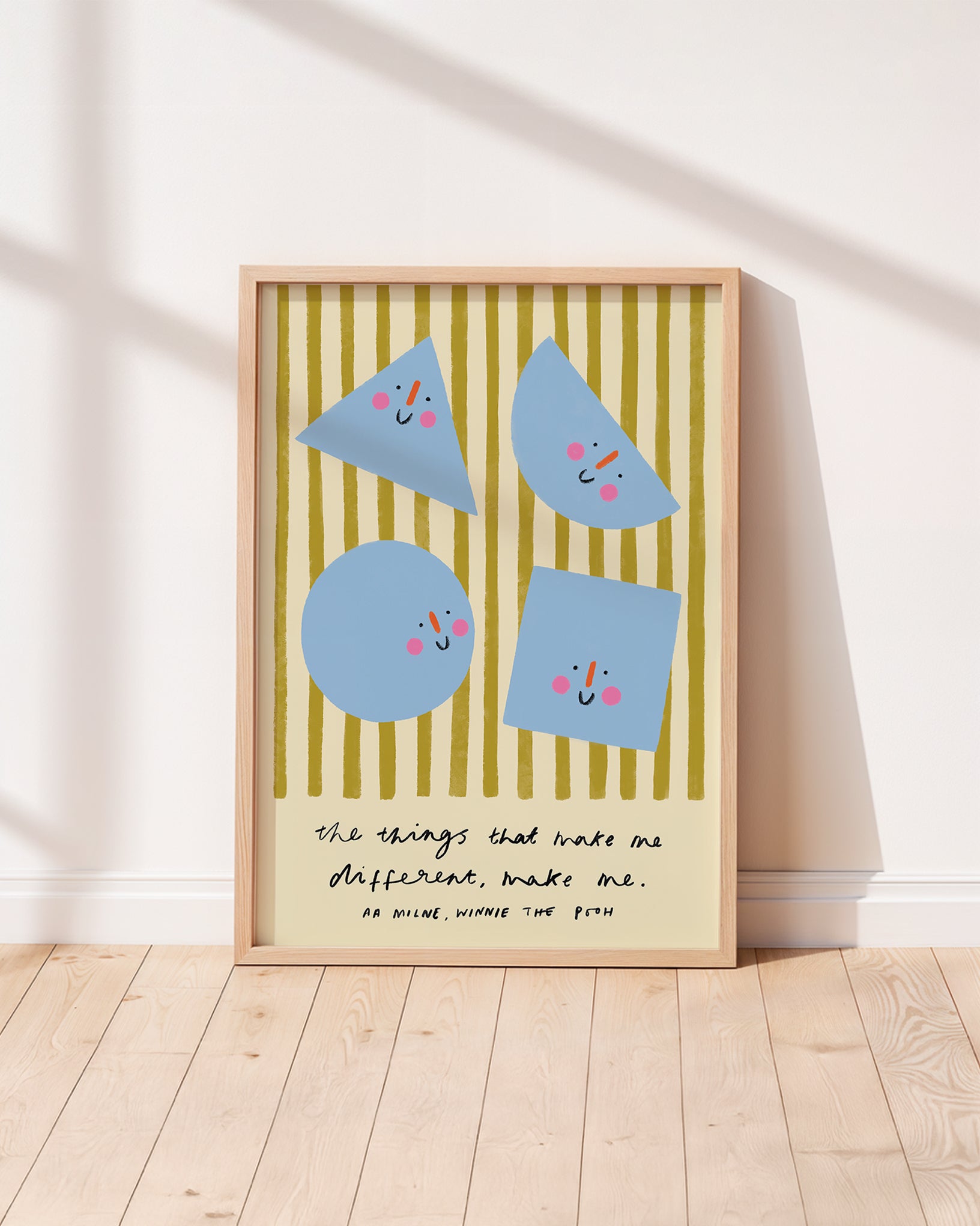Smiling shapes green and blue stripes unisex kids wall art to encourage confidence, self-esteem and positivity. Inspirational kids poster with affirmation for bedrooms, home-ed classrooms or playrooms