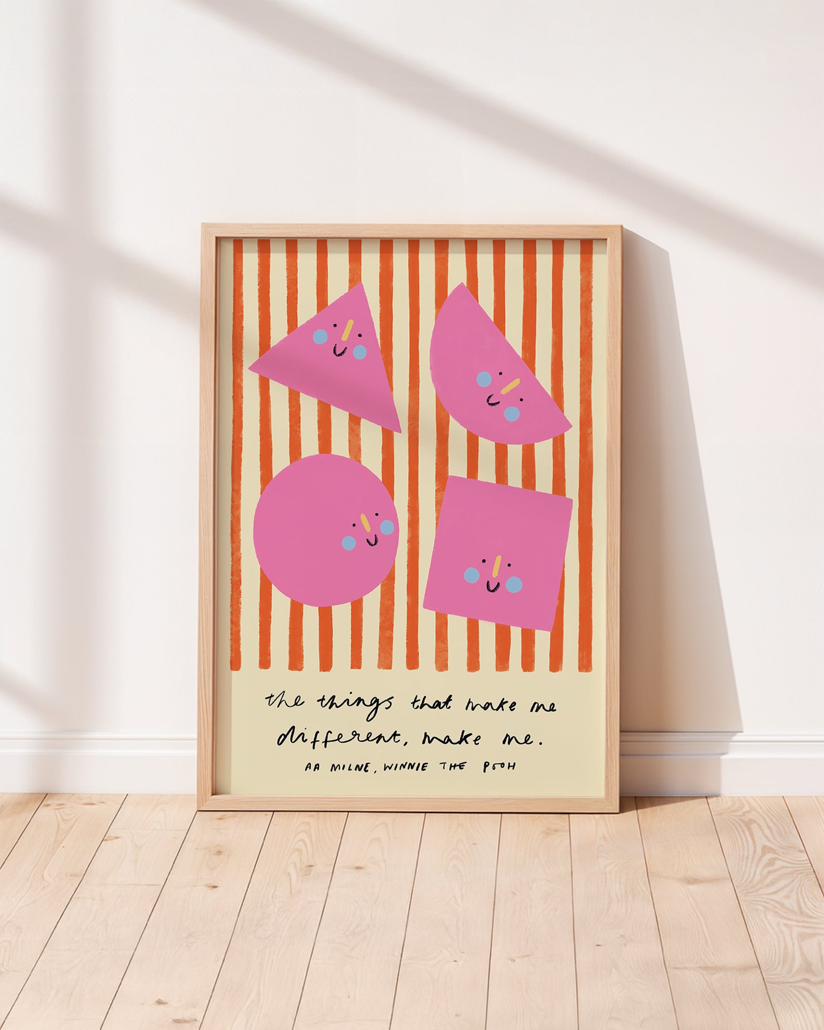 Smiling shapes orange and pink stripes unisex kids wall art to encourage confidence, self-esteem and positivity. Inspirational kids poster with affirmation for bedrooms, home-ed classrooms or playrooms