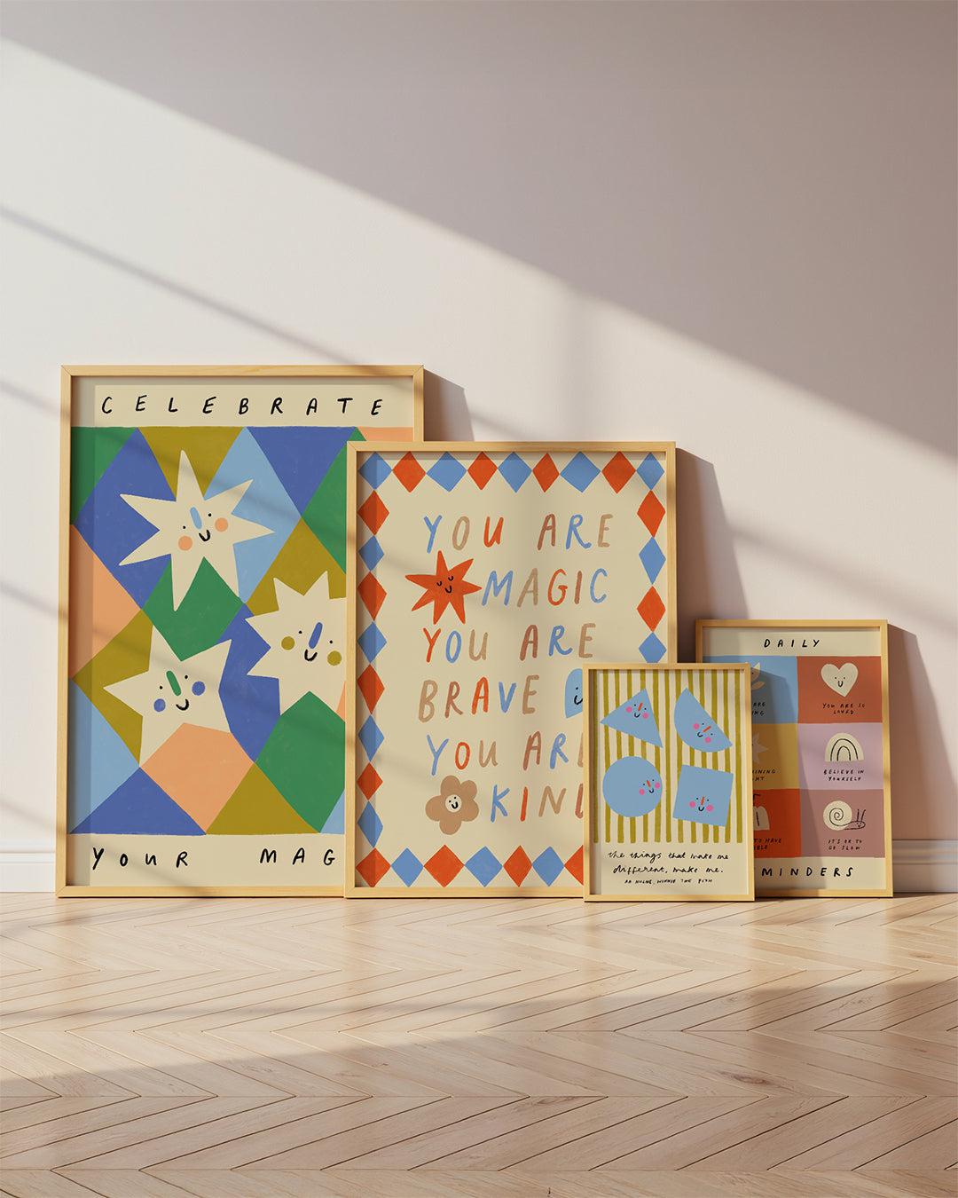 Gallery wall of inspirational kids prints with affirmation for bedrooms, home-ed classrooms or playrooms