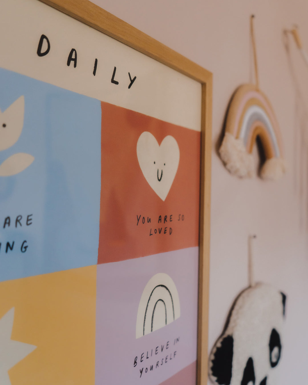 Smiling shapes with affirmations such as "you are so loved" unisex kids wall art to encourage confidence, self-esteem and positivity. Inspirational kids poster for bedrooms, home-ed classrooms or playrooms.