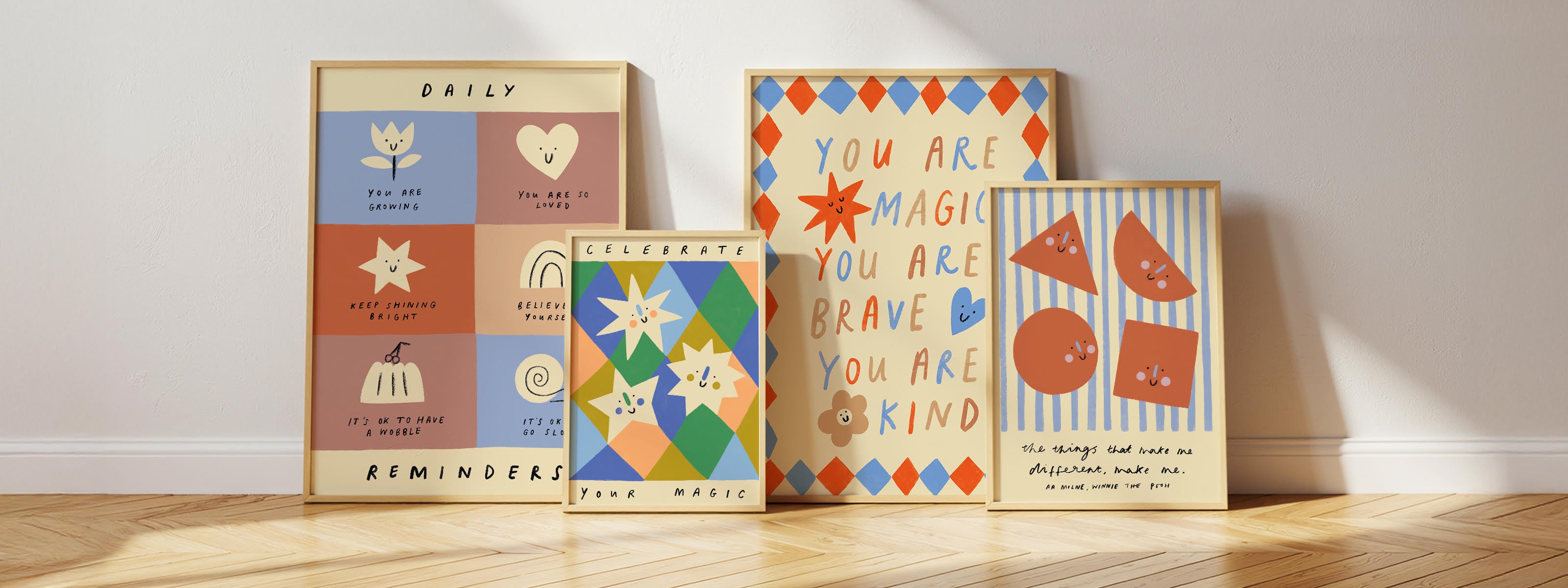 Gallery wall of 4 motivational wall art  pieces for children with positive affirmations encouraging self esteem and kindness.