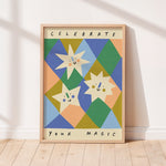 Smiling stars on orange and blue diamond shapes unisex kids wall art to encourage confidence, self-esteem and positivity. Inspirational kids poster with affirmation "celebrate your magic" for bedrooms, home-ed classrooms or playrooms.