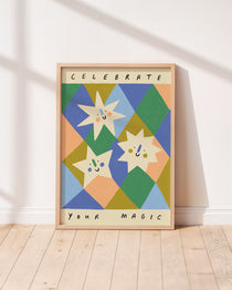 Smiling stars on orange and blue diamond shapes unisex kids wall art to encourage confidence, self-esteem and positivity. Inspirational kids poster with affirmation "celebrate your magic" for bedrooms, home-ed classrooms or playrooms.