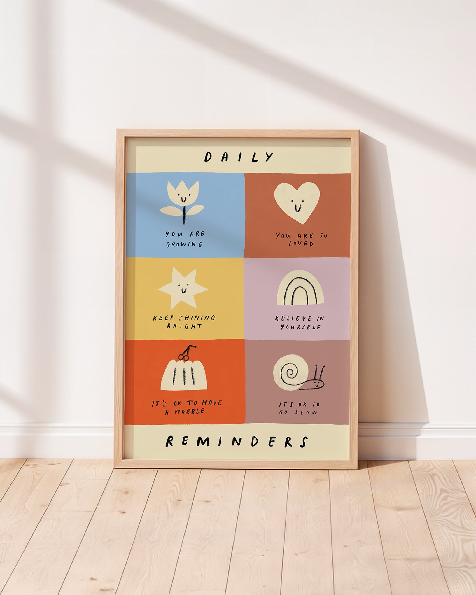 Smiling shapes with affirmations such as "you are so loved" unisex kids wall art to encourage confidence, self-esteem and positivity. Inspirational kids poster for bedrooms, home-ed classrooms or playrooms.