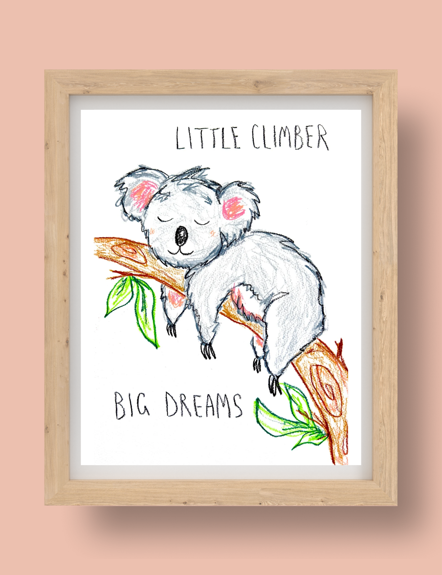 Framed artwork of a koala on a branch with 'Little Climber, Big Dreams' text on a white background