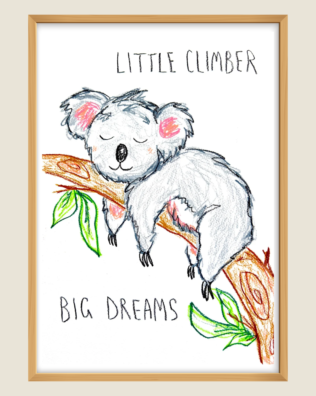 Framed artwork with a koala illustration and text 'Little Climber Big Dreams' on a white background.