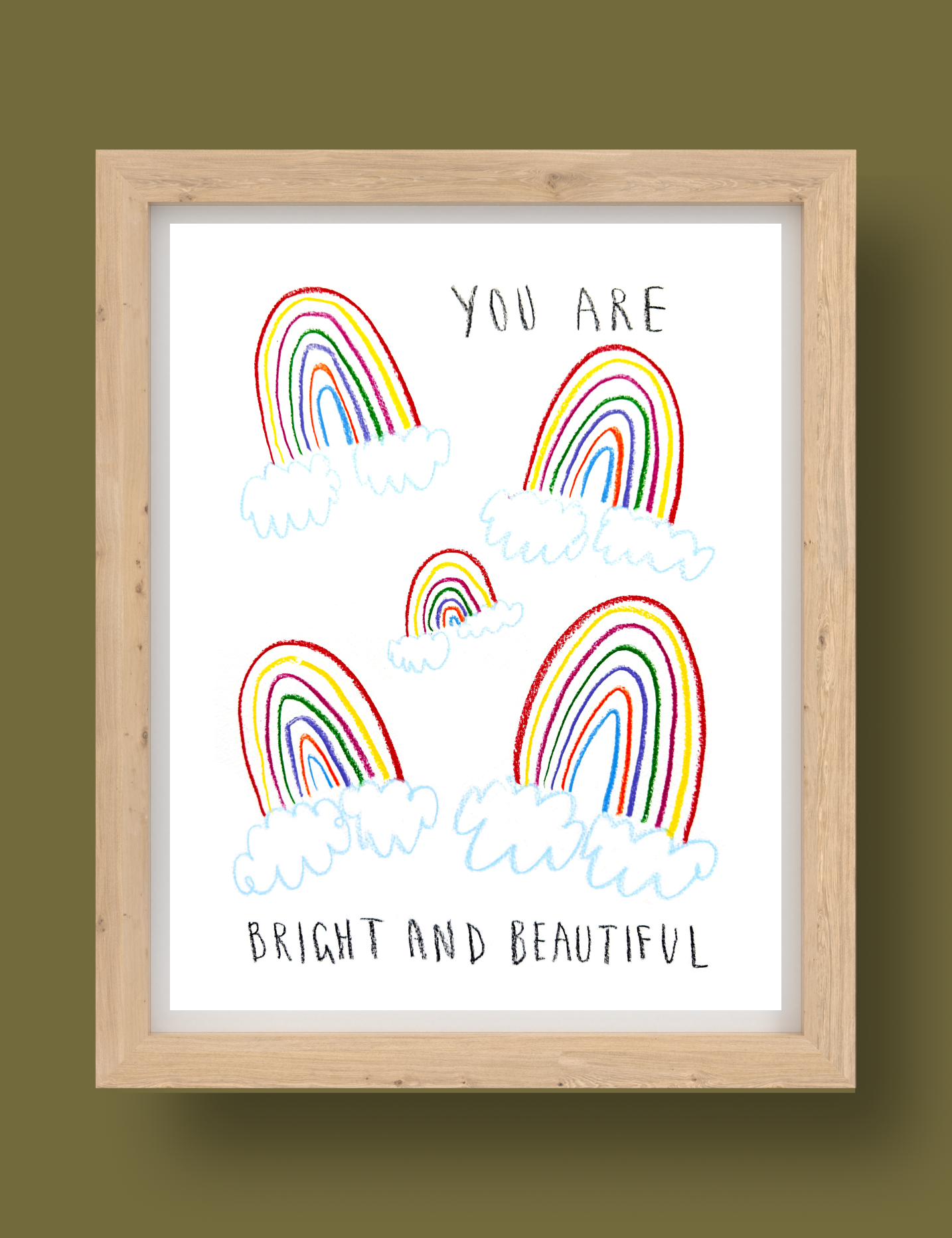 Framed print with rainbow design and motivational text on a green background