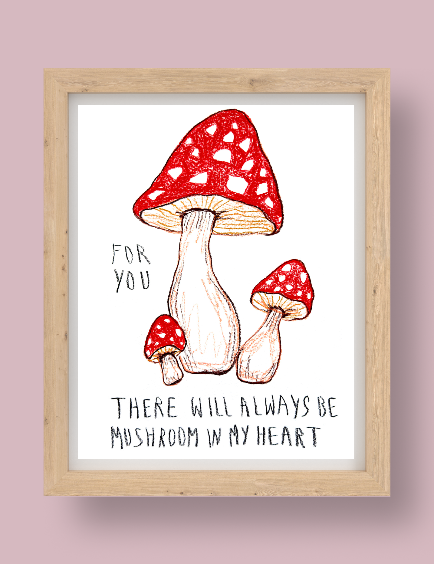 Framed nursery artwork with red and white toadstools and text on a white background